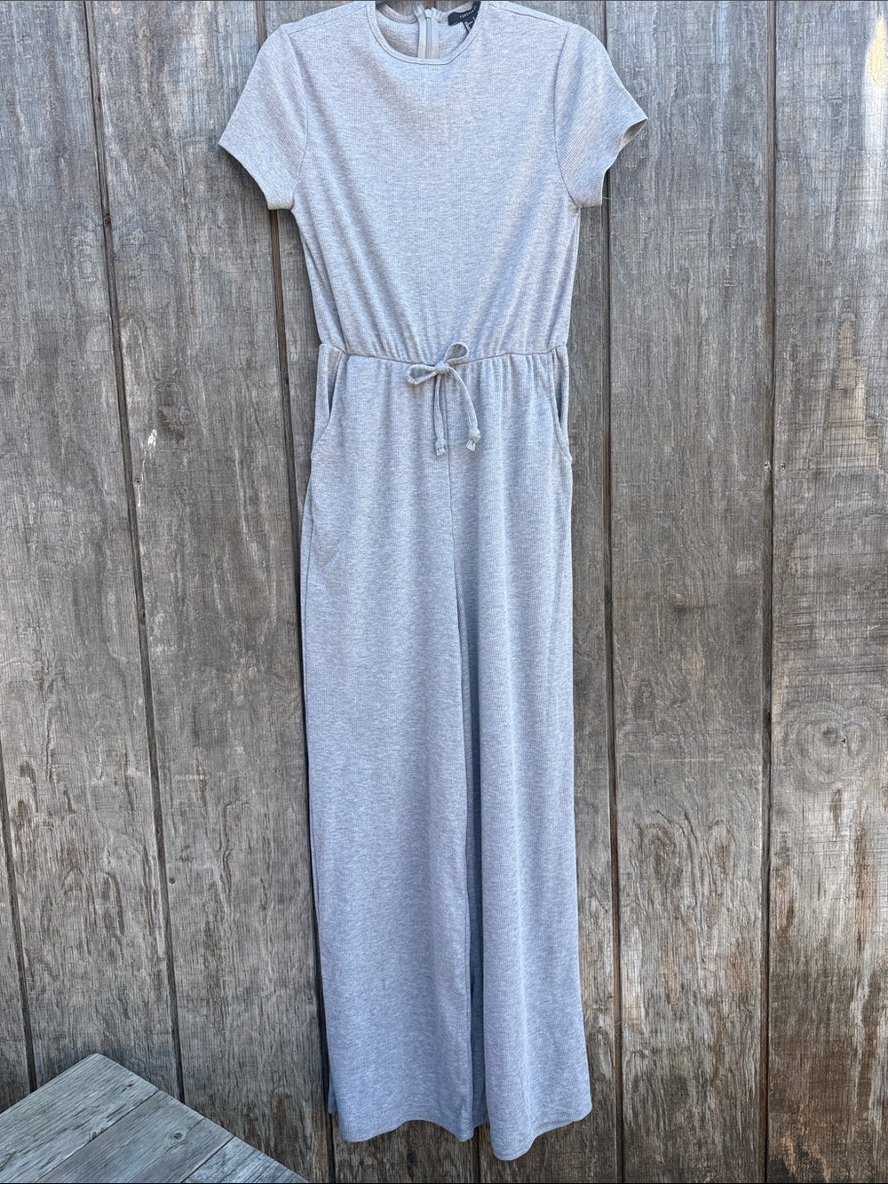 Forever 21 Light Gray Short-Sleeve Knit Wide Leg Jumpsuit Elastic Waistband S